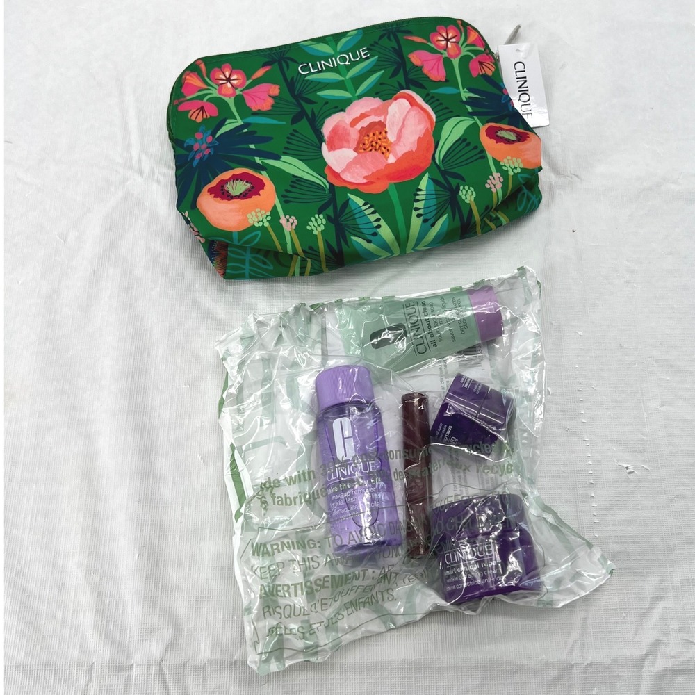 Clinique 6pc Skincare Makeup Set Green Floral Bag Smart Clinical Black Honey NEW